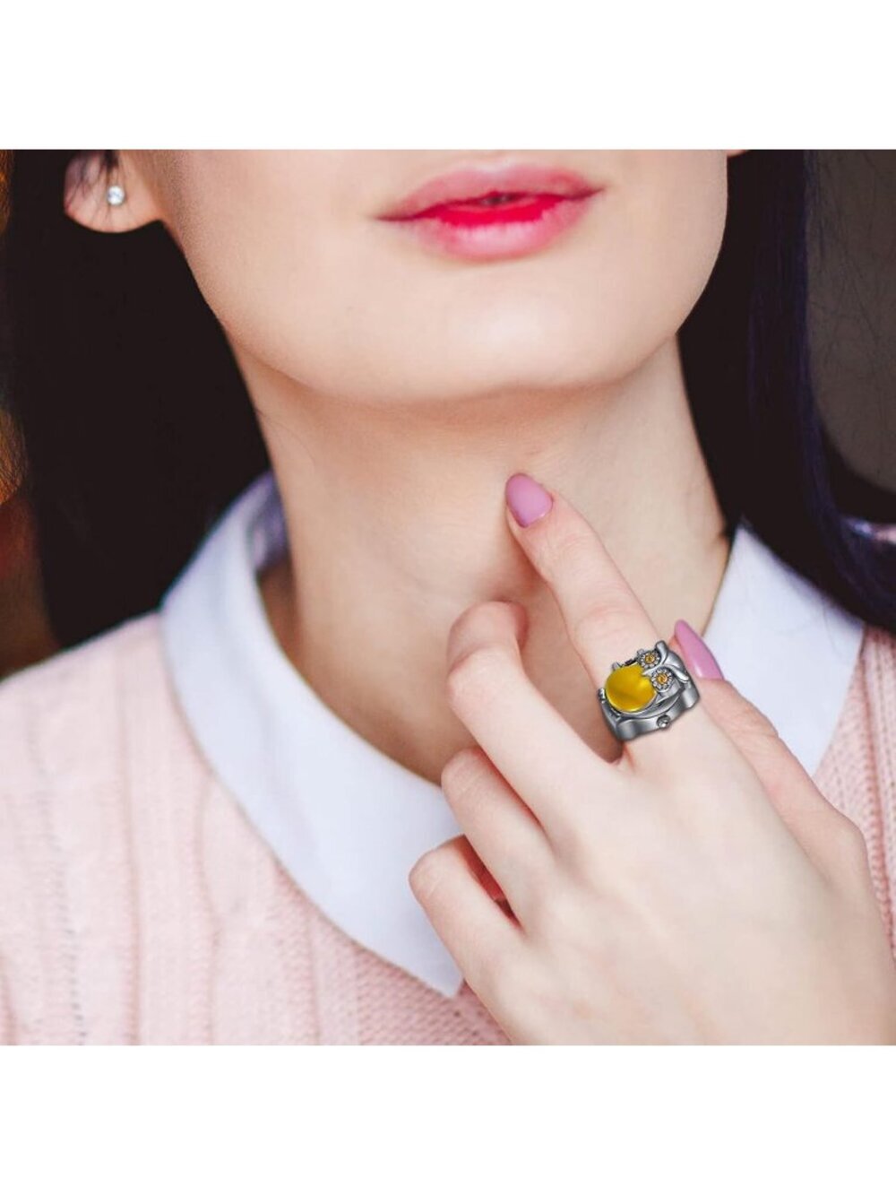 Unisex Yellow Analog Quartz Stylish Owl Flip-Open Cover Adjustable Ring Watch - Picture 3 of 7